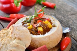 Hungarian Gulyás soup in bread bowl