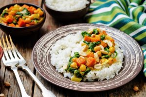 Sweet potato spinach chickpea curry with rice.