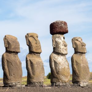 The moais stone platform of Ahu Tongariki on the south coast of