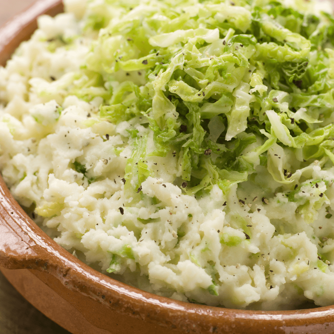 Irish Colcannon topped with cabbage