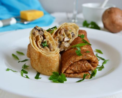 Delicate Pancake Stuffed With Mushrooms And Cheese